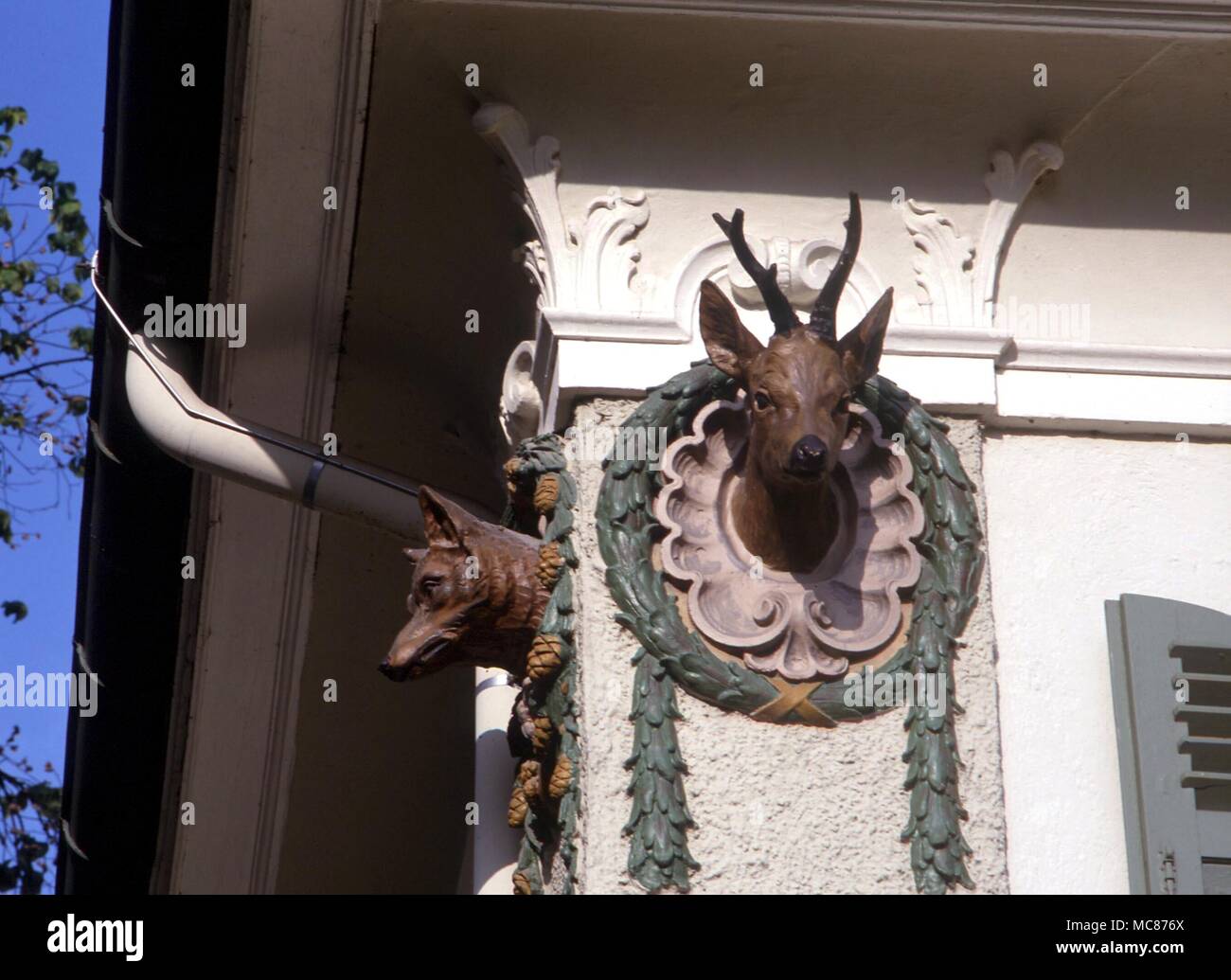 Head of a dog, with stag, sculpted corner on the Hunting Lodge (Jagerhaus) hotel, at Hohenschwangau, Bavaria Stock Photo