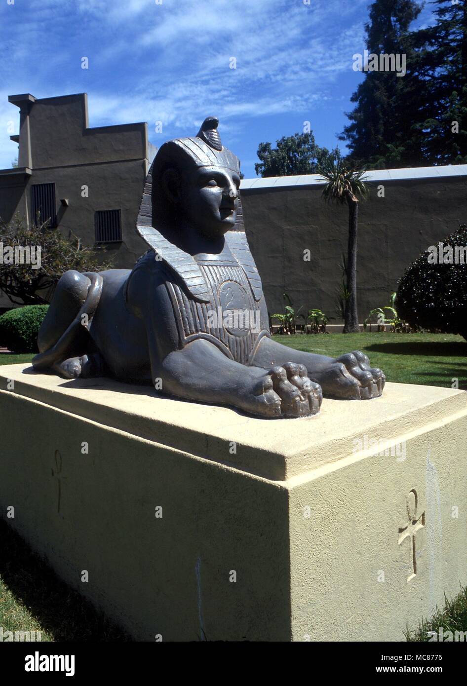 Reproduction of an Egyptian Sphinx, with an Ankh symbol cut on its plinth. In the Rosicrucian Park, San Jose, California Stock Photo