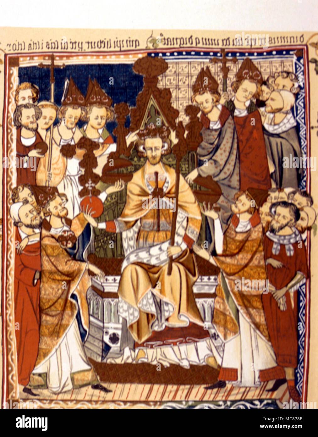 HISTORY - BRITISH The Coronation of a King. Early 14th century, in a 19th century Lithographic copy, of Corpus Christi Mss. Cambridge. Stock Photo