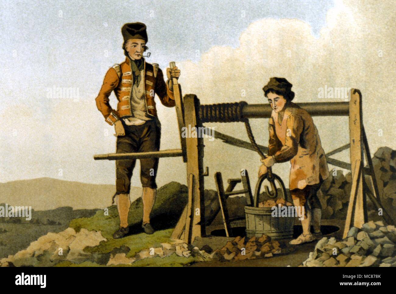 HISTORY - BRITISH The ruddle pit. Lithograph of 1885, from 'The Costume of Yorkshire', Geoffrey Walker, pub. By Richard Jackson. Stock Photo