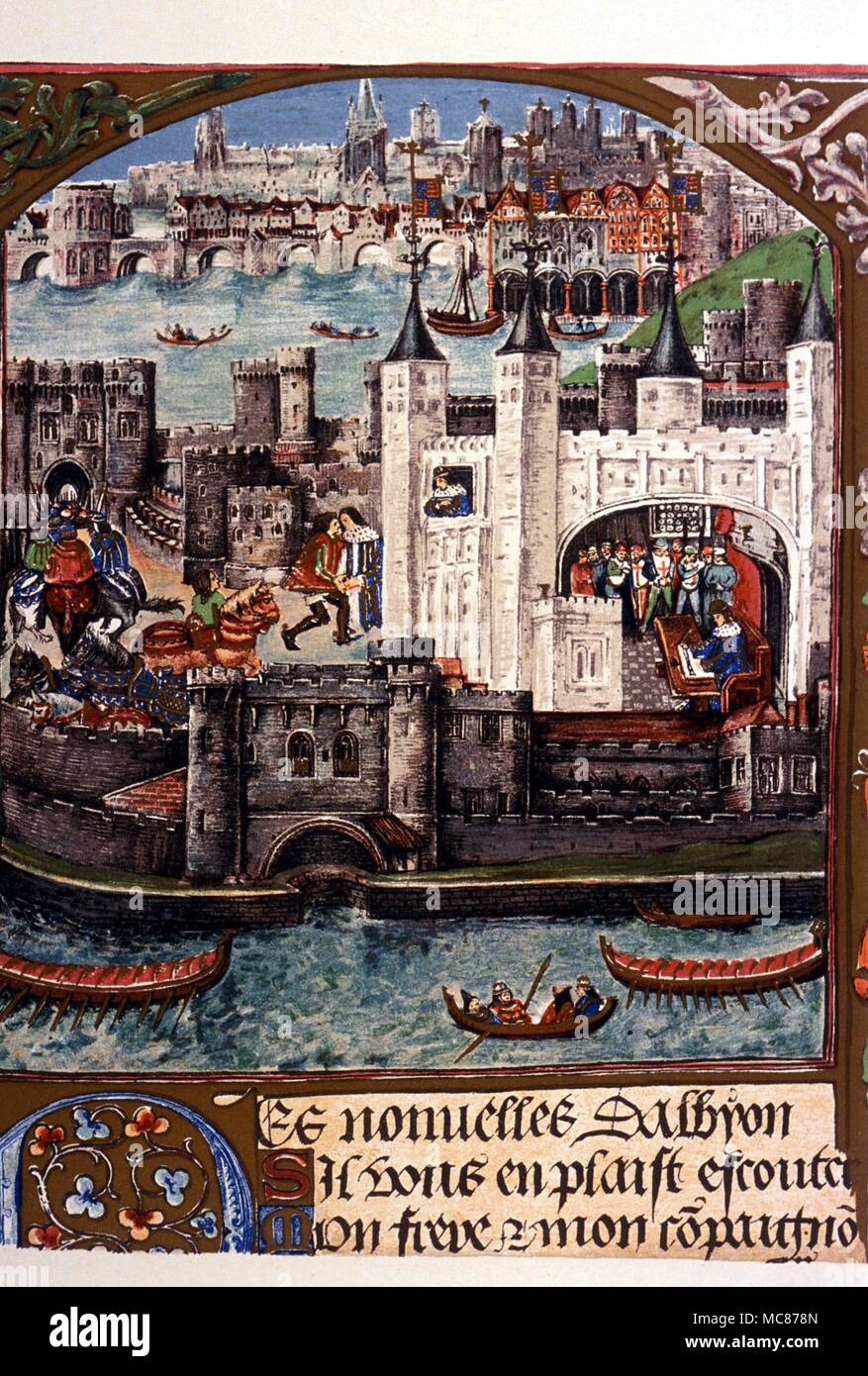 HISTORY - TOWER OF LONDON View of Tower of London, and London bridge, in the Time of Henry VII. 19th century litograph from Royal Mss. 16, in British Library. Stock Photo