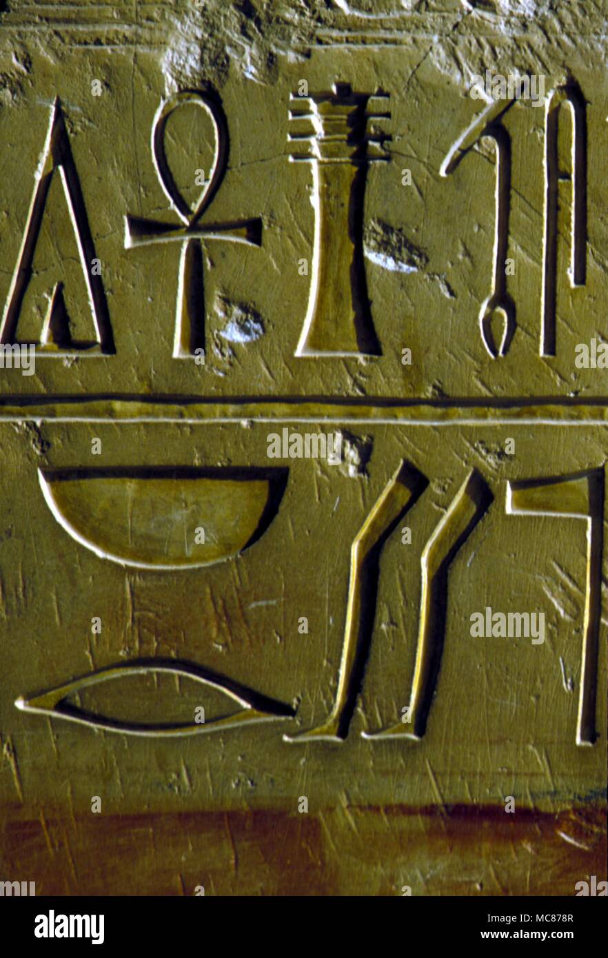 EGYPTIAN MYTHOLOGY Egyptian hieroglyphics. From the interior portico of the Temple of Hapshepsut, ancient Thebes. Stock Photo