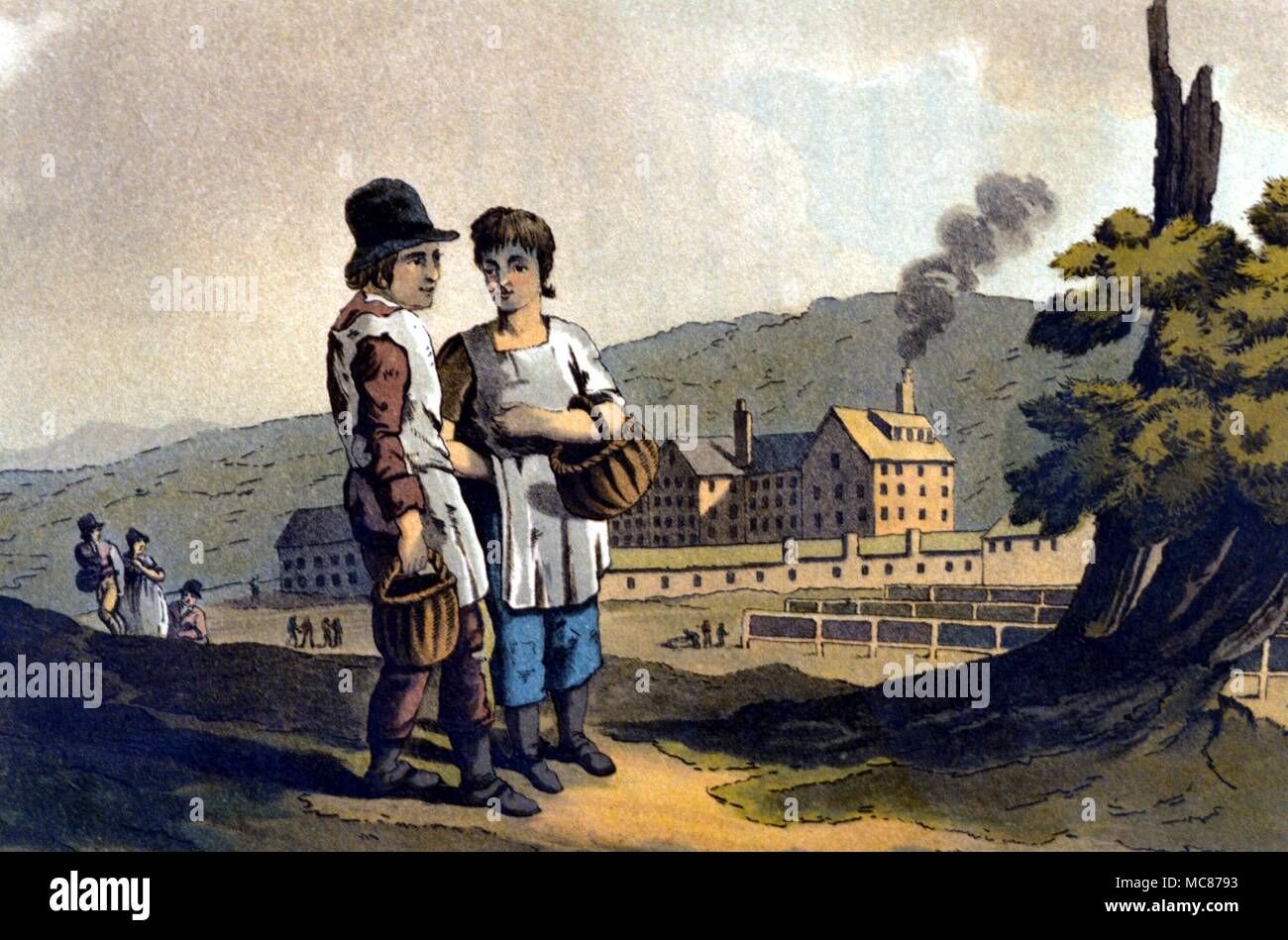 BRITISH HISTORY - EARLY 19TH CENTURY Child mill-workers, outside a factory. From the 1885 edition of Richard Jackson's 'The Costumes of Yorkshire'. Stock Photo