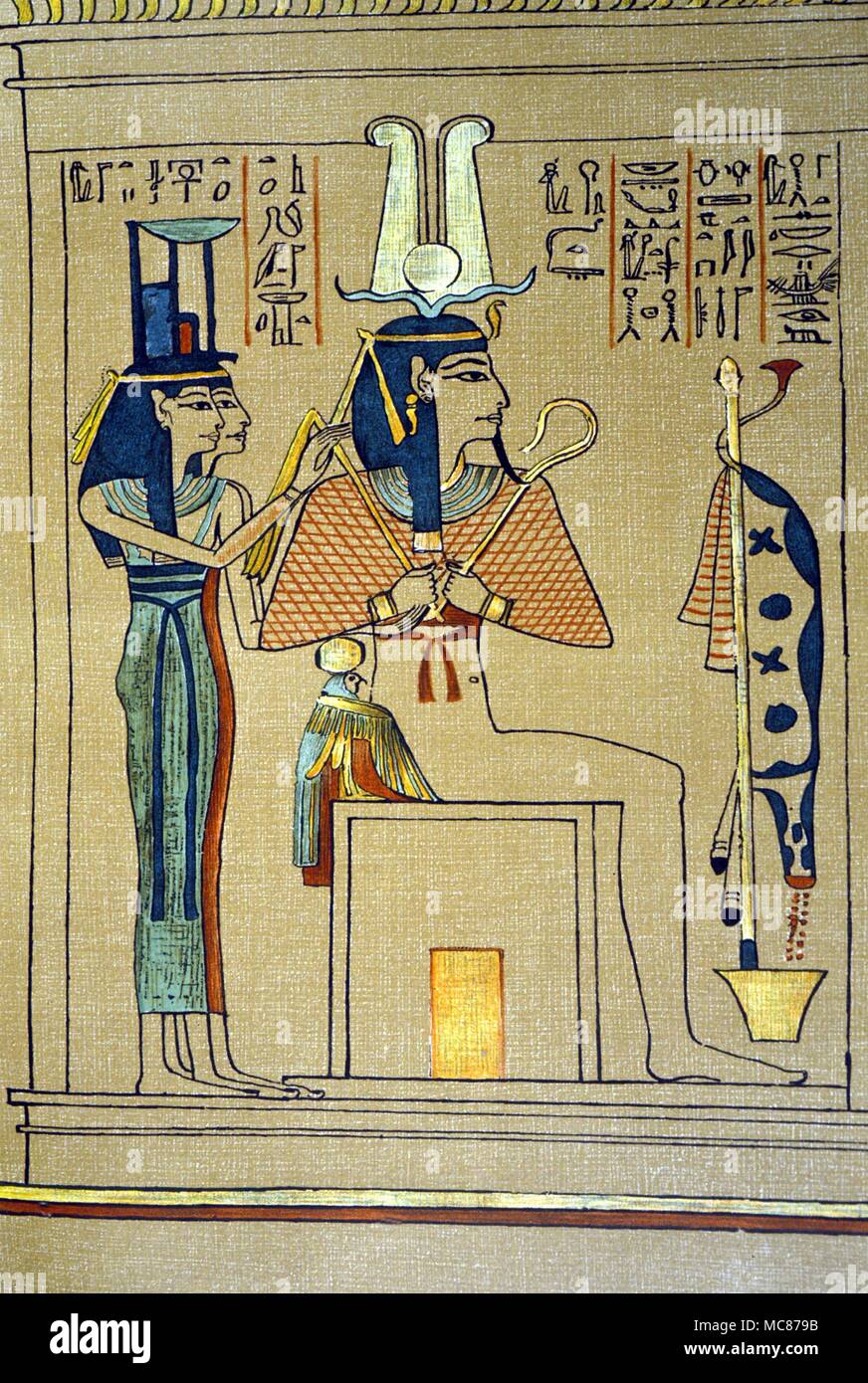 EGYPTIAN MYTH - PTAH-SOCHARIS-OSIRIS The god, Ptah-Socharis-Osiris enthroned. Behind stand Iris and Nephthys. Papyrus of Anhai. From Budge ed. Of 'Egyptian Book of Dead'. Stock Photo