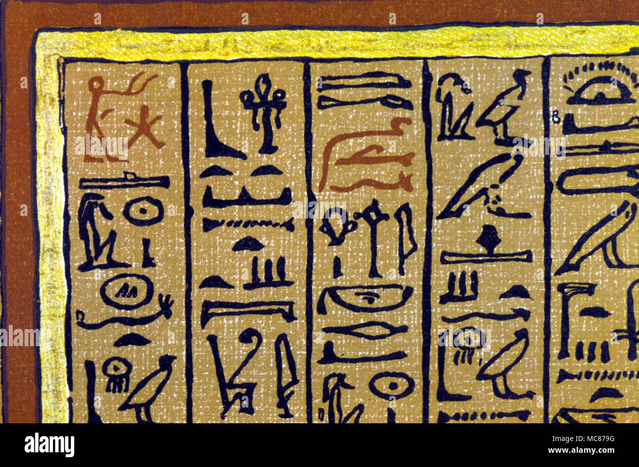 EGYPTIAN MYTH - HIEROGLYPHS Opening to the Hunefer papyrus of the 'Egyptian Book of the Dead' (Budge lithographic edition). The first hieroglyphics depict the 'praying men' and the sba star, in the invocation to the gods. Stock Photo