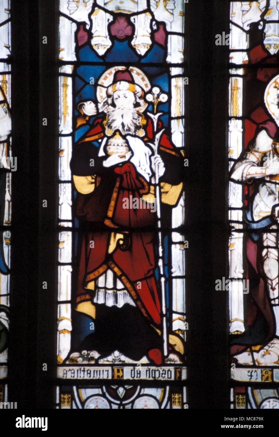BRITISH MYTHOLOGICAL Joseph of Arimathea. Stained glass window in the church of St. James, Kilkhampton. Joseph is carrying the Holy Grail, and the flowering staff. Stock Photo
