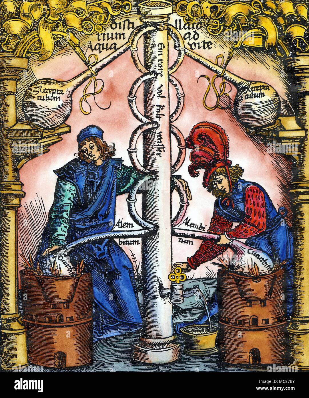 SYMBOLS - KEY - THREE Title-page woodcut to Brunschwig, Das Buch zu Distilieren, 1532. The two chemists or alchemists appear to be distilling Aqua Vita, but the most important symbols in this intriguing illustration is the key to the spout, being operated by the alchemist towards the bottom of the picture, to draw off some of the distilled liquid. The key is made of three circles - a clear reference to the Trinity, and a reminder that the alchemists regarded all their operations as being under the licit control of God. This trinity symbol was reflected in the alchemical image of Man, who w Stock Photo