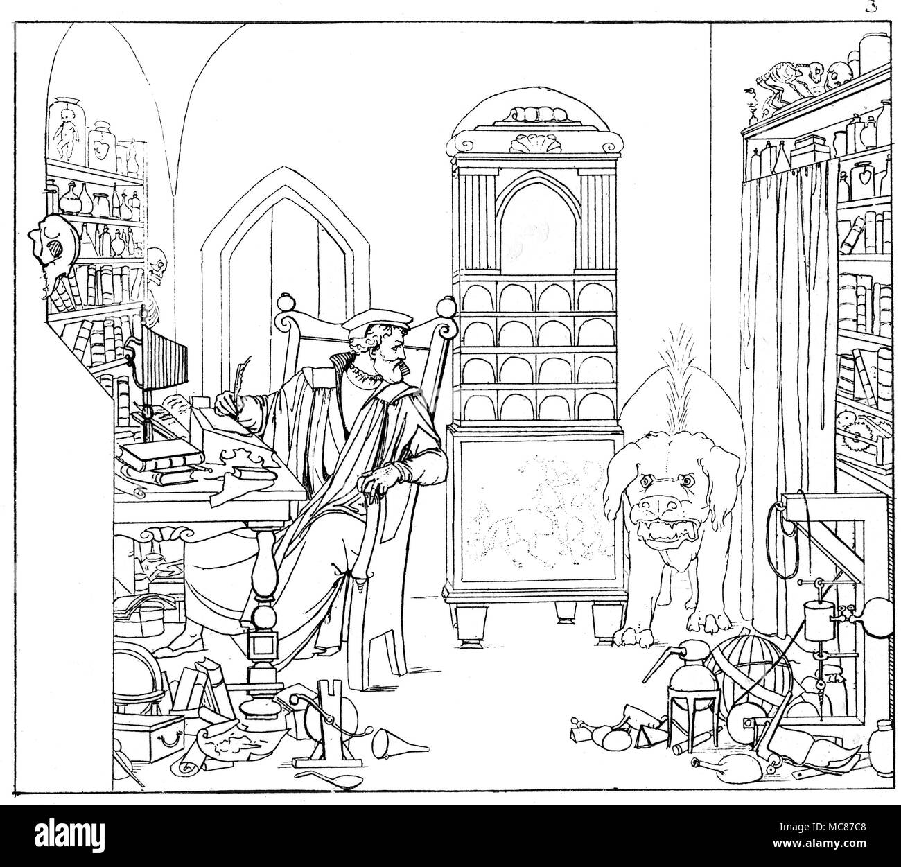 DEMONS - FAUST - MEPHISTOPHELES Faust in his study, surrounded by alchemical apparatus and books: he is attempting to translate the first verses (presumably the first 14 verses) of the Gospel of St. John. The intruding monstrous poodle (see previously on the heath) is the appearance of Mephisopheles, making its way into the study. Faust's magic power is not sufficiently strong to banish the creature. Mephistophles emerges from the dog, in human form. Engraving No. 3 in Umrisse Goethe's Faust. Gezeichnet von Moritz Retsch, 1836. There were two distinct early editions of the Retsch series Stock Photo