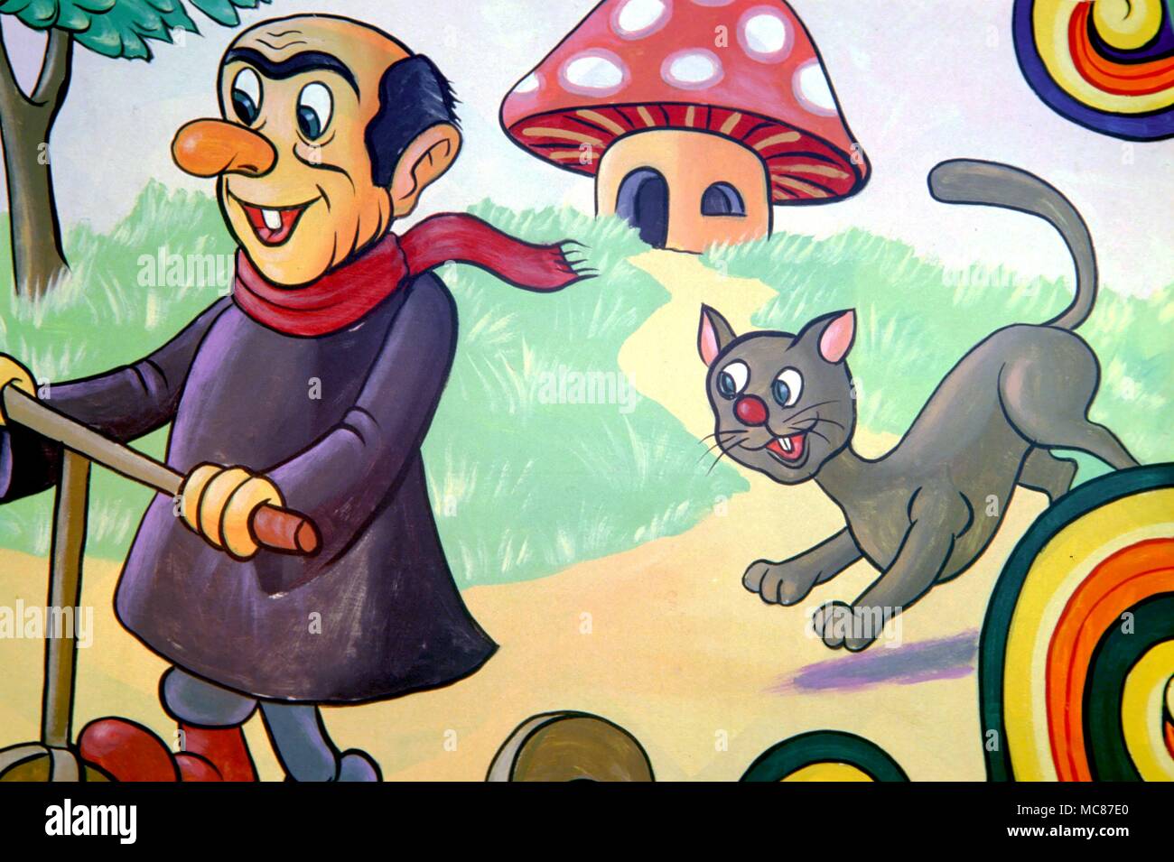 Cat Cartoon Cat detail from primitive art in a fairy ground in SpainÂ® / Charles Walker Stock Photo
