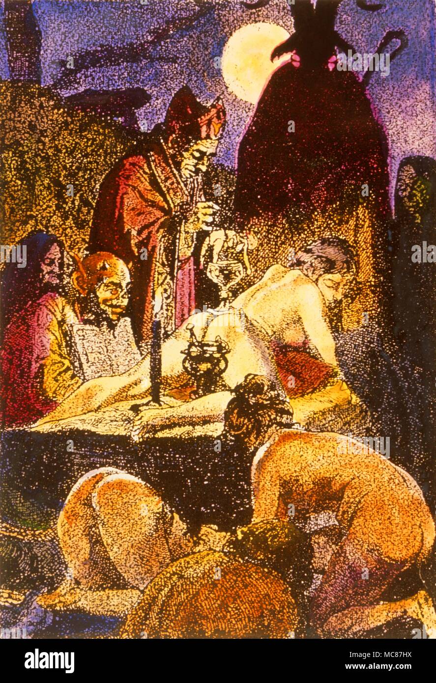 Colour engrqving of a highly romantic view of the Black Mass [which technically requires a priest to officiate]. The Black Mass is supposed to require the use of a virgin as an altar. In the background is the horned Devil. Stock Photo