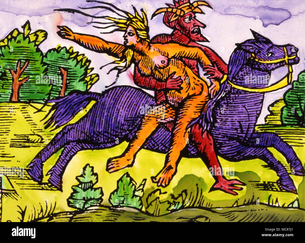 Horned demon carrying off a witch to hell. Woodcut from Ulrich Molitor - sixteenth century. Stock Photo