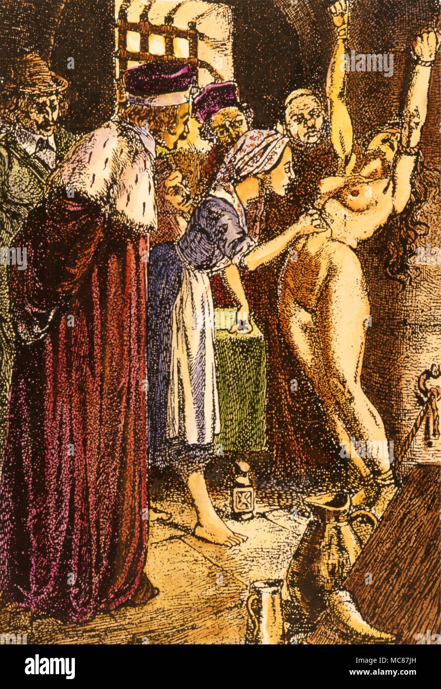 Nineteenth century drawing of a chained witch suspect being pricked to see if she is a witch. From a 'Book of Shadows.' Stock Photo
