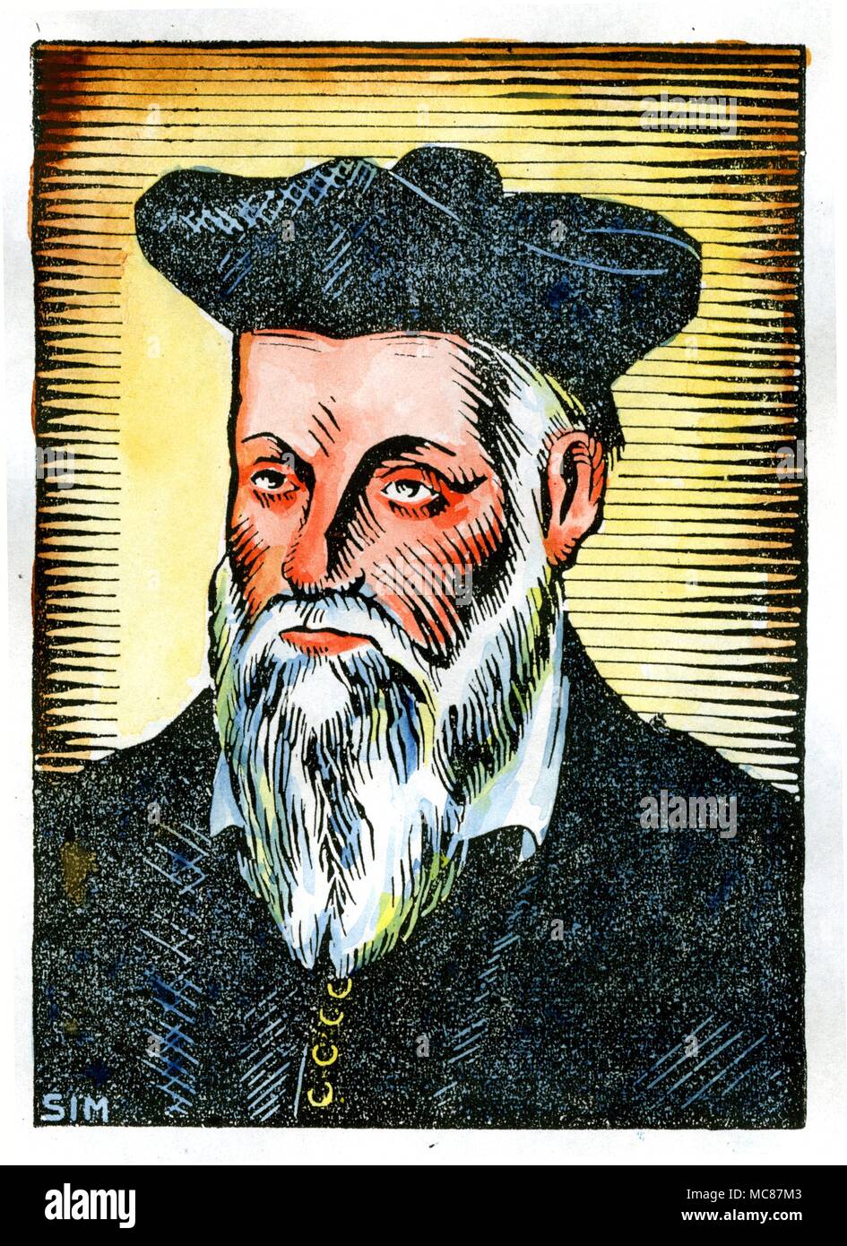 Vignette portrait of Nostradamus from the titlepage of the 1940 edition of 'Les Vraies Centuries et Propheties de Michel Nostradamus' by Charles Reynaud-Plense. Stock Photo