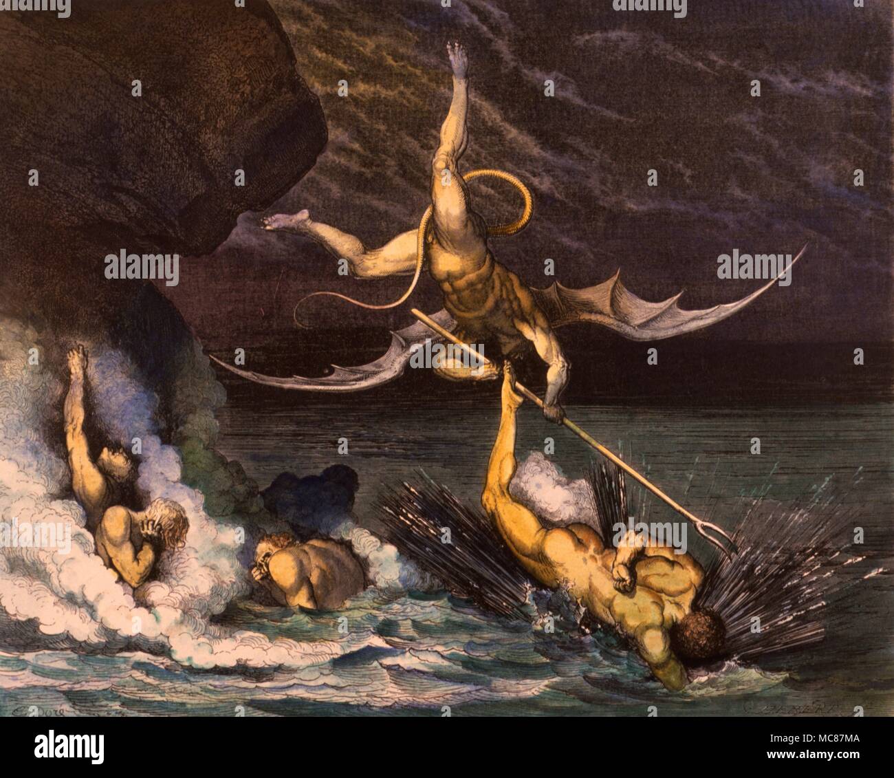 Malacoda [evil-tail] is one of the demons mentioned in Dante's Commedia. Here Malcacoda is depicted tormenting the barrators in the Sea of Pitch. Hand-coloured engraving by Gustav Dore [mid-19th century]. Stock Photo