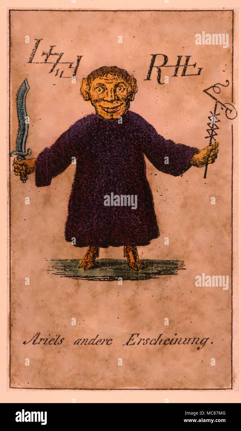 The demon Ariel [not to be confused with the fairy of the same name) in one of his manifedstations with a pair of sigils. Hand-coloured lithograph from Schiebel's 'Faustbuch' of 1860. Stock Photo