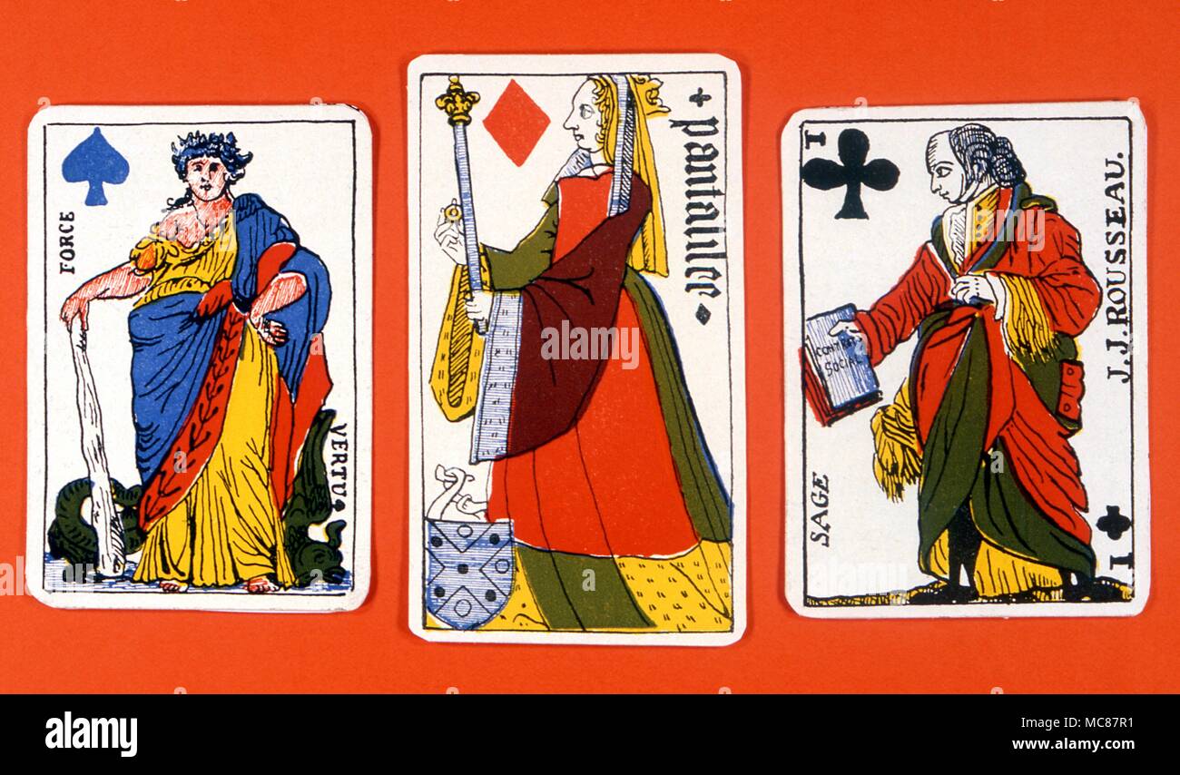 Cartomancy Playing Cards Revolutionary card designed by Pinaut Paris 1792 Pentesilea Queen of the Amazons 15th century Lyons Dame de Pique published 1792 this card is named Force she has slain the dragon Stock Photo