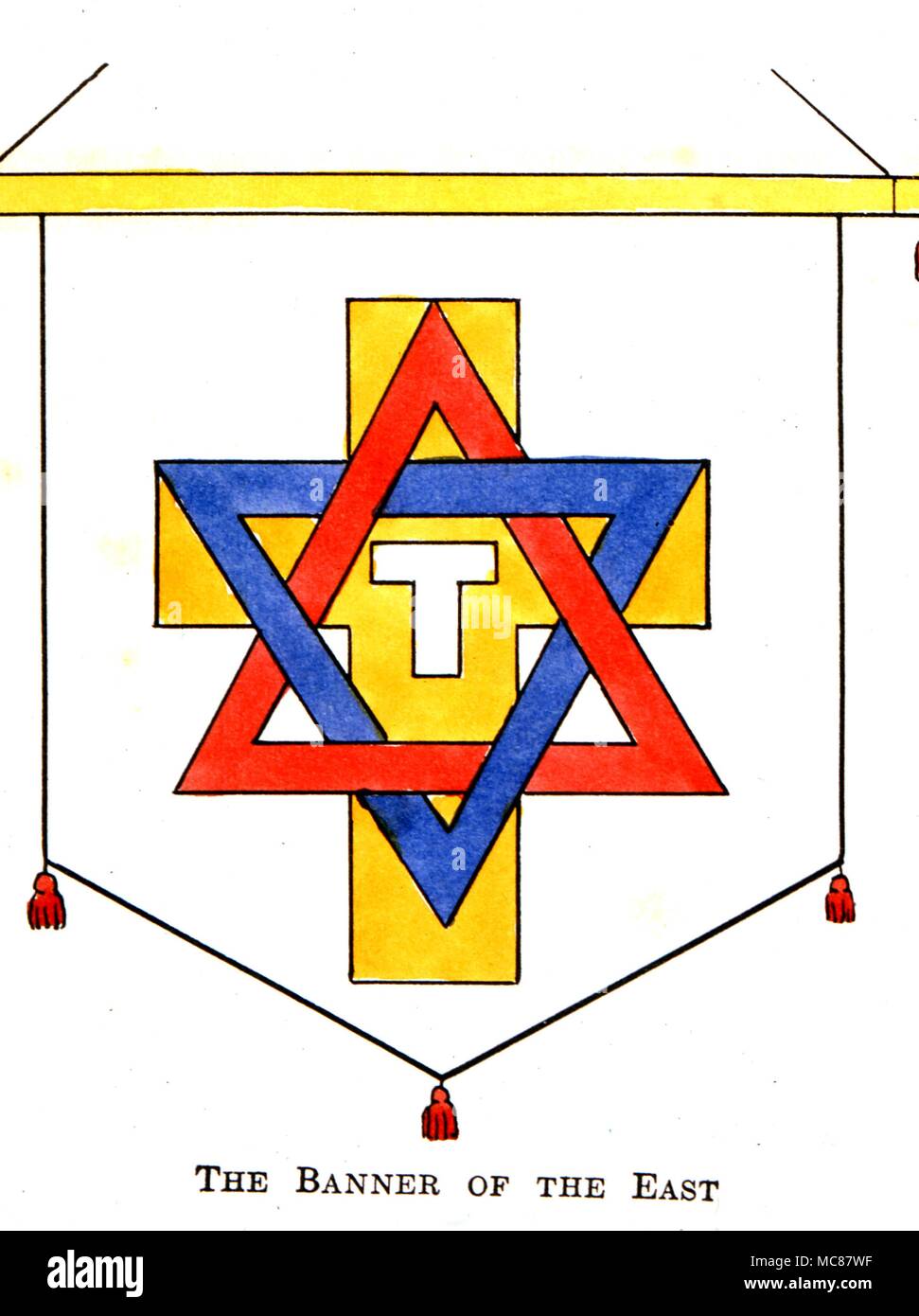 Conjuration banner The Banner of the East used by the Order of the Golden Dawn in conjuration practices. To be placed at the eastern side of the room. Stock Photo