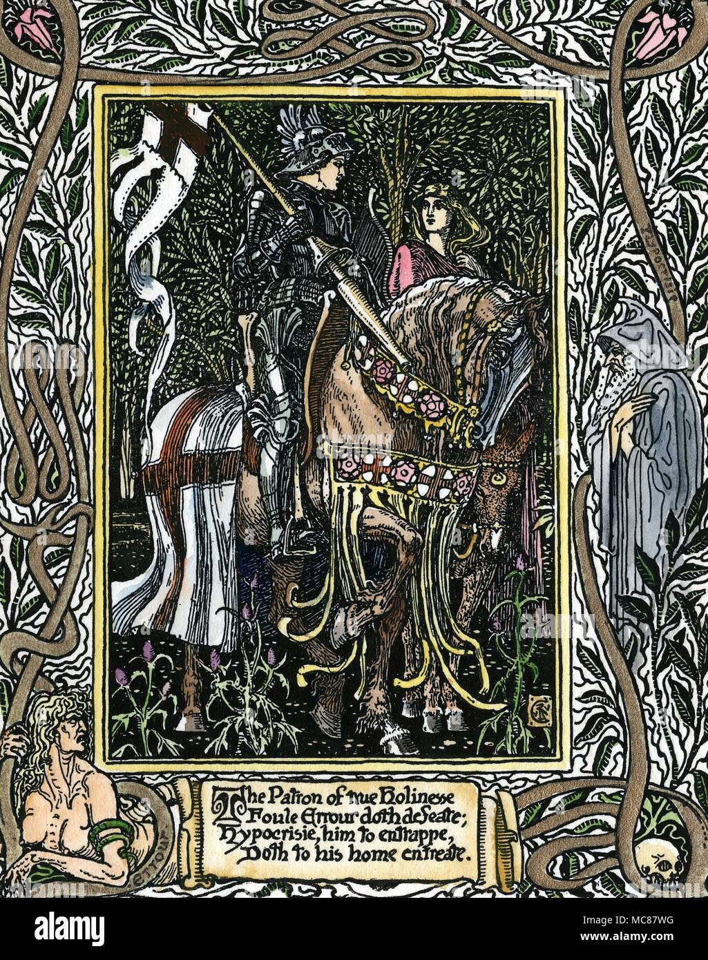 Knight from Fairie Queene 'The patron of true Holiness / Foue Errour doth deSeate....' illustration by Walter Crane for the first book of The Faerie Queene c 1899 Stock Photo