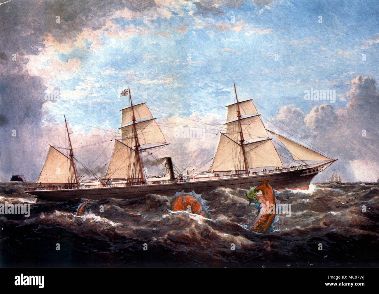 Sea Monsters Sea monster with old sailing ship Stock Photo