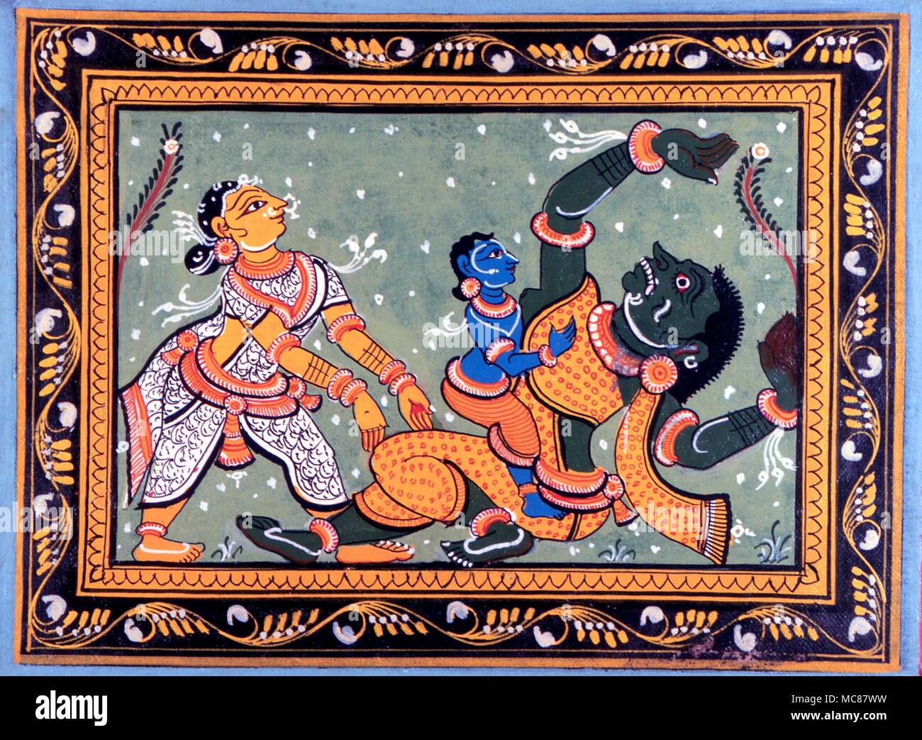 demons-hindu-mythology-modern-mid-century-gousache-of-the-hindu-gods-krishna-and-devaki-fighting-the-putana-demon-MC87WW