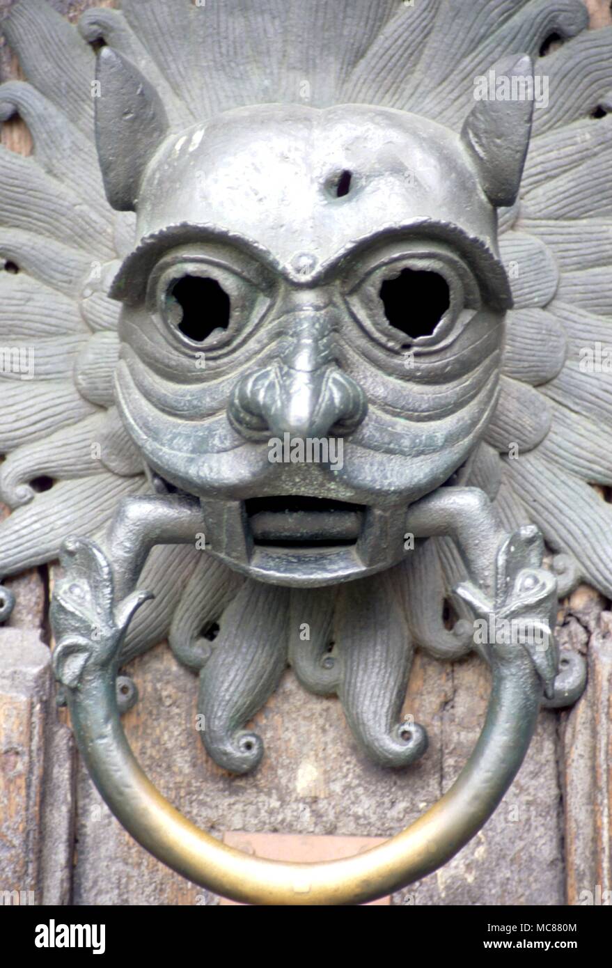 The demon headed sanctuary knocker on the north portal of Durham Cathedral Thirteenth century Stock Photo