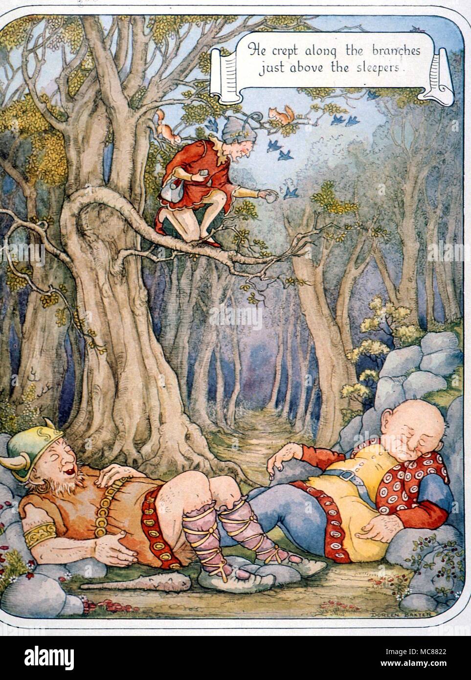 The Valiant Tailor - The Valiant Little Tailor above the sleeping giants - illustration by Doreen Baxter - from the Fairy-Tale Omnibus c.1949 Stock Photo