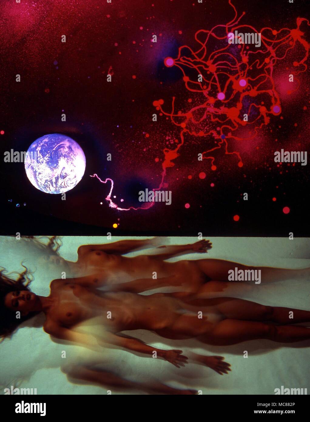 Dislocated astral body floating in dramatic cosmic setting. Stock Photo