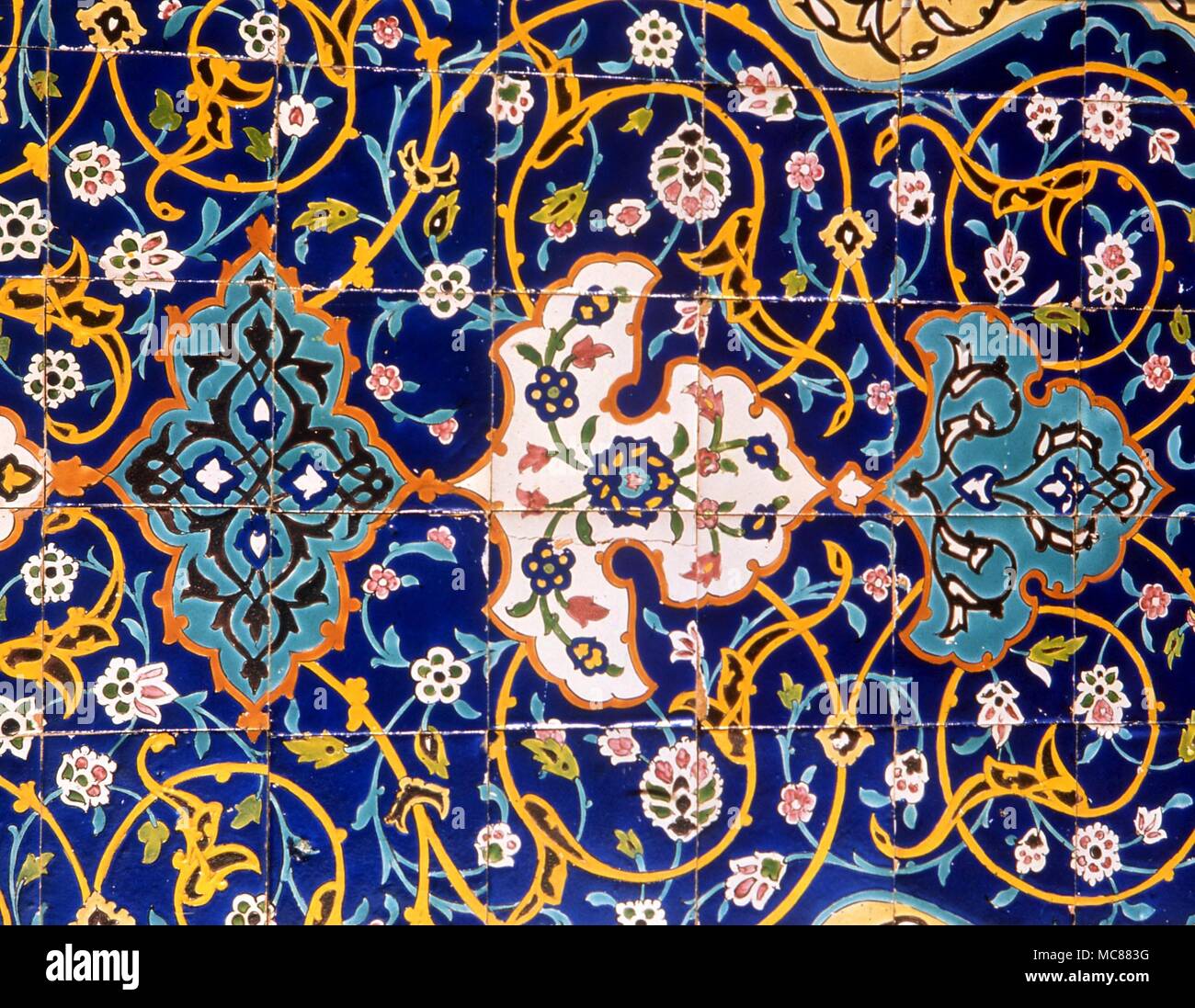 Islam. Tiles in the arabesque style so favoured by Islamic architects.  Sample tiles from the outside of a mosque in Kuwait Stock Photo - Alamy