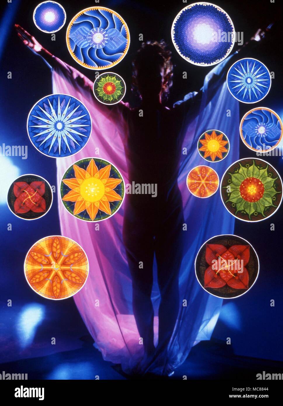 The seven chakras (in large and small) distributed over the astral body. Combined artwork and photography. Stock Photo