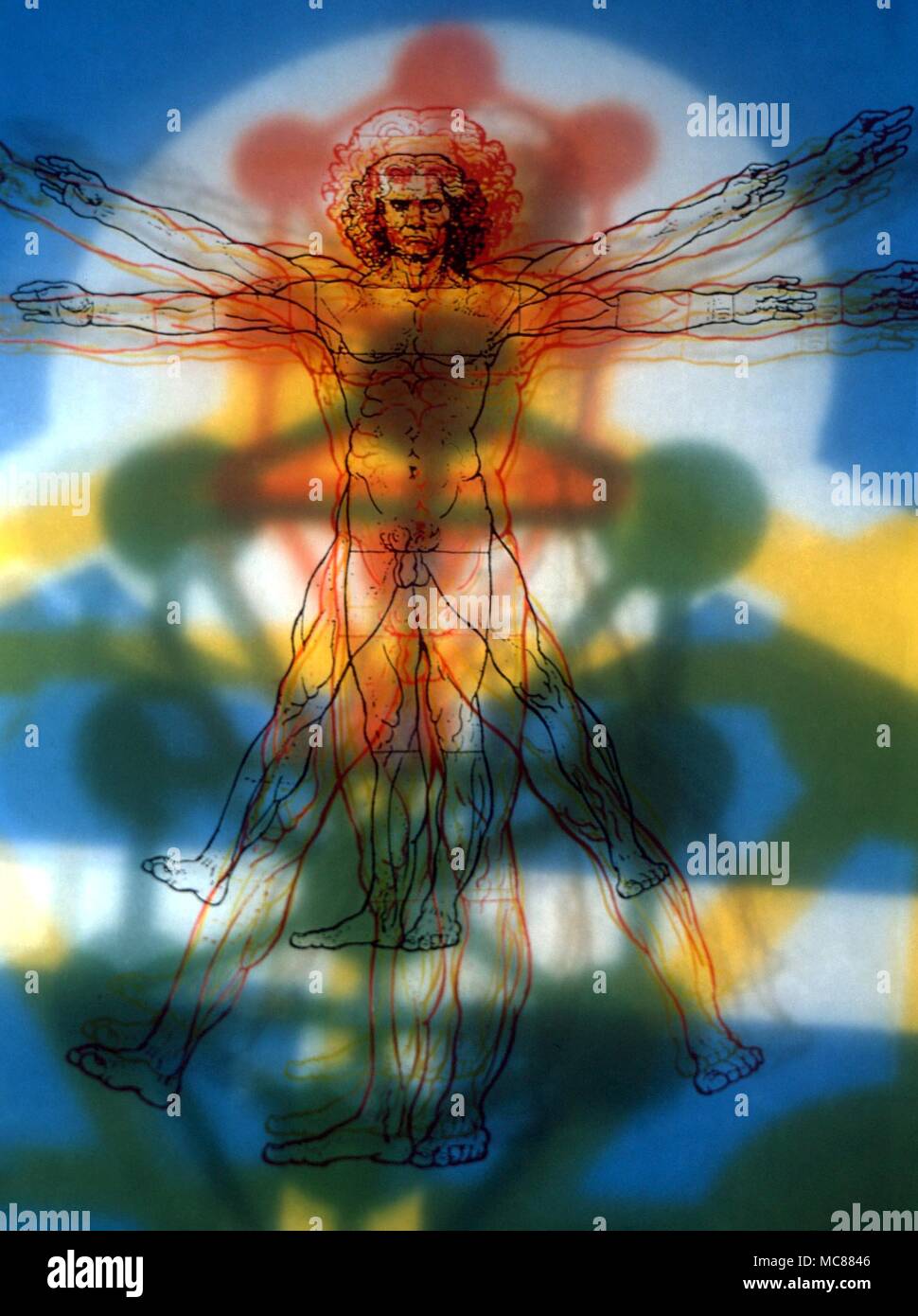 Fantasy - Leonardo da Vinci's cosmic man with cabbalistic image - the Sephirothic Tree. Stock Photo