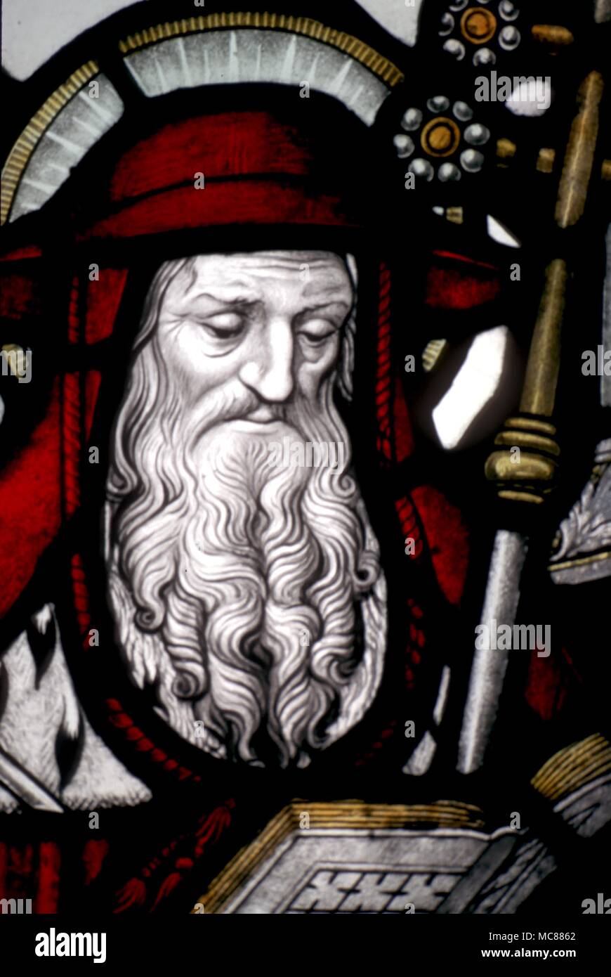 Christian Head of St Jerome. From the stained glass in the cloisters of Chester Cathedral. Dated circa 1921-28 Stock Photo