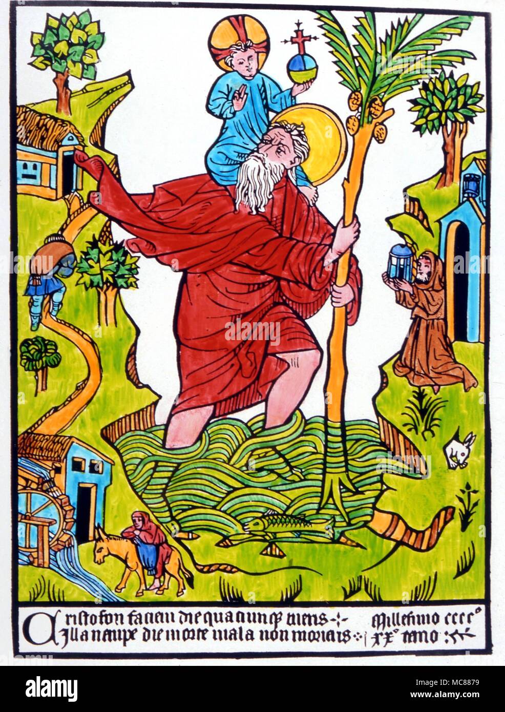 CHRISTIAN St Christopher carrying the Christ Child. hand-coloured woodprint of the late 15th century Stock Photo