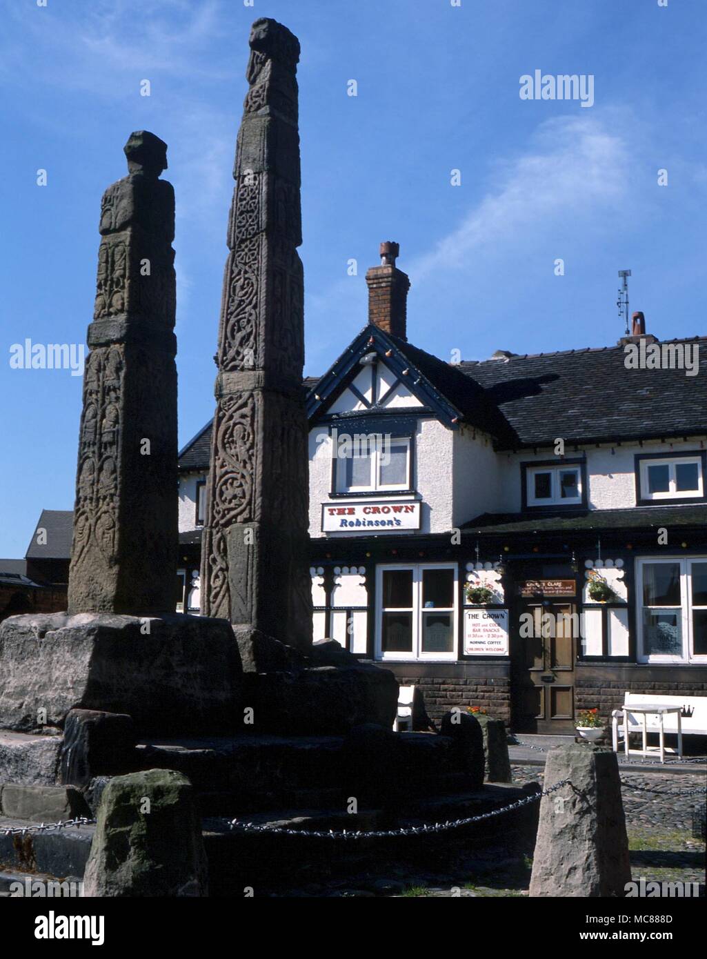 CHRISTIAN Remains of two Saxon cross shafts in Sandbach (Cheshire) market place Stock Photo
