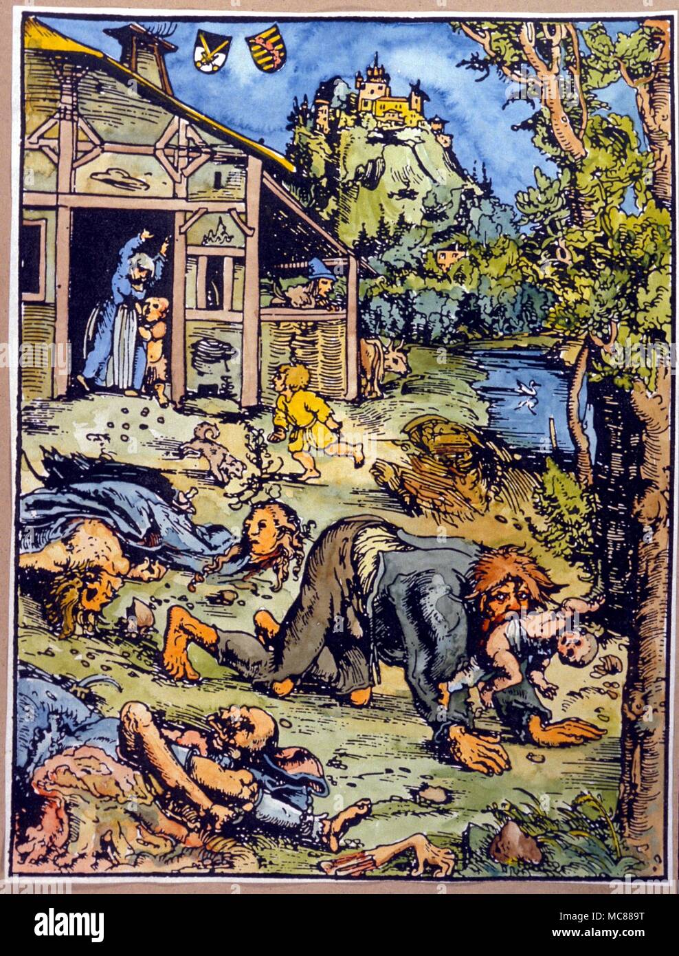 Werewolves man who believes himself to be a wolf carrying off a child from a village. Hand coloured woodcut by Lucas Cranach (1472-1553) Stock Photo