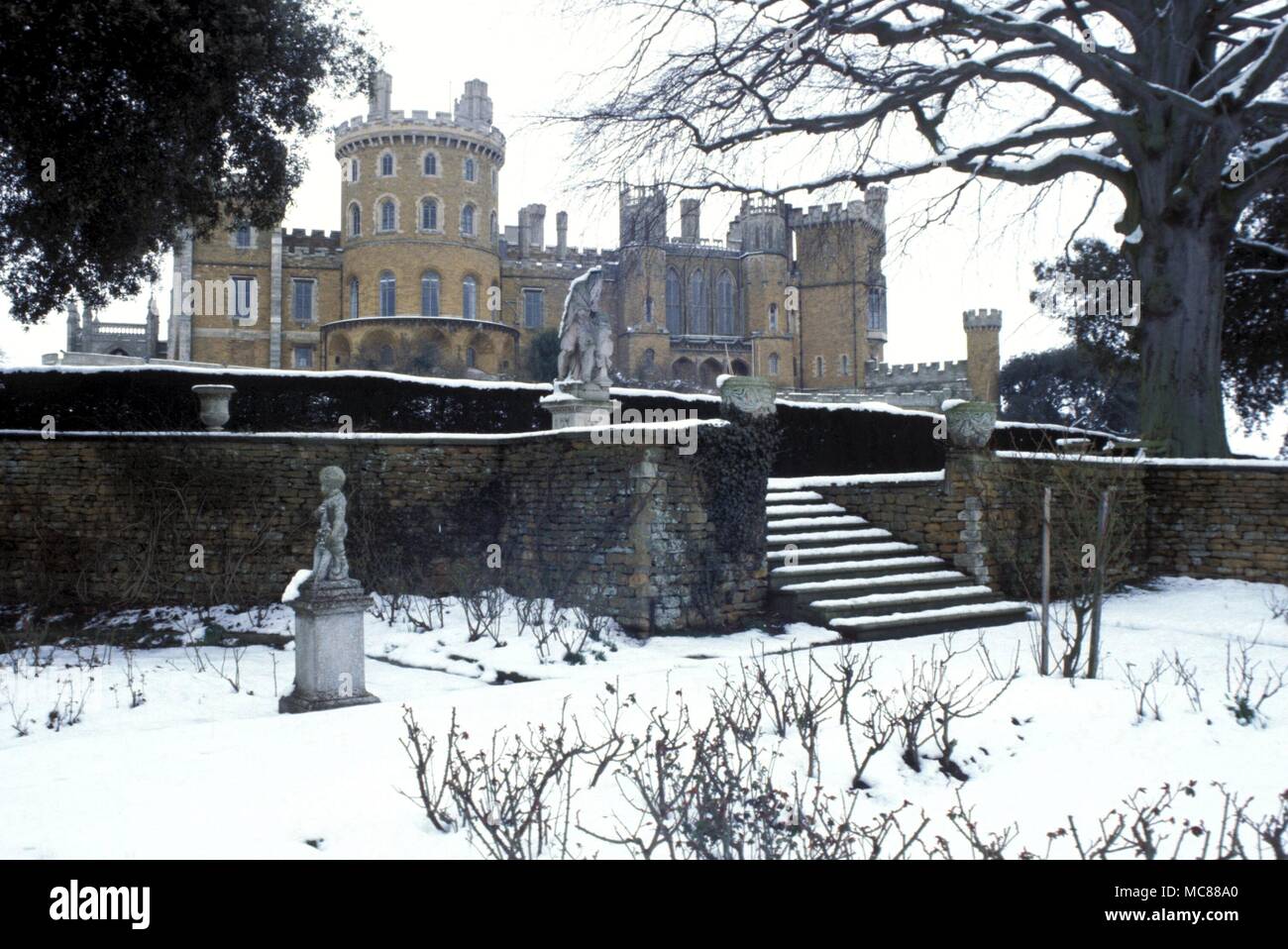 Belvoir castle in the snow. The so-called Bottesford Witches wewre supposed to have murdered the sons of the 6th Earl of Rutland (who owned Belvoir Castle) here. witchcraft site Stock Photo