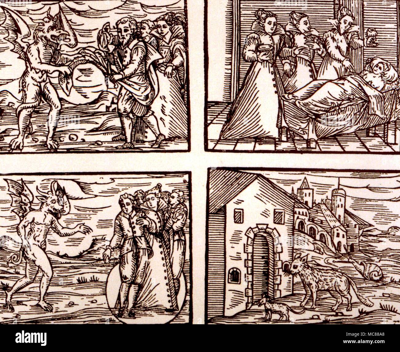 WITCHCRAFT For woodcuts from Guazzo's 'Compendium Maleficarum'. Witches making gifts to the Devil. Bewitching a woman with infertility. Witches standing in a magical circle. Witches transformed into animals Stock Photo