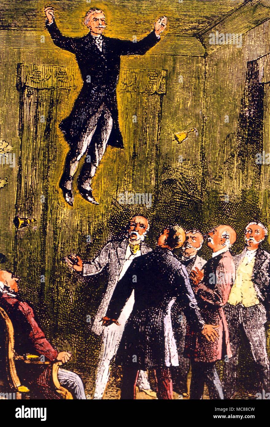 Psychic Phenomena Victorian hand coloured wood engraving showing the famous levitation of the medium D D Home Stock Photo