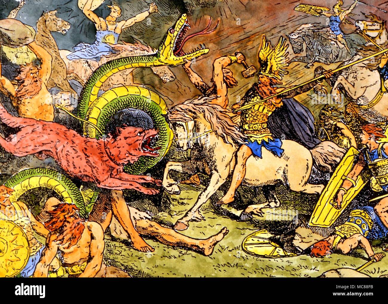 Wolf and serpent The Fenris Wolf at Ragnarok (the Twilight of the Gods) with the Midgard Serpent in the background. After a design by Johannes Gherts. 19th century German Stock Photo