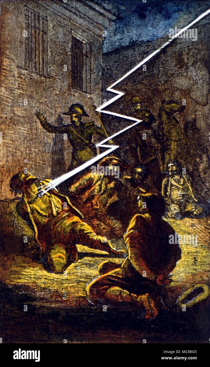 STRANGE PHENOMENA Lightning striking a chained brigand chief. Coloured engraving from the 1866 edition of W de Fonville's Tonerre Stock Photo