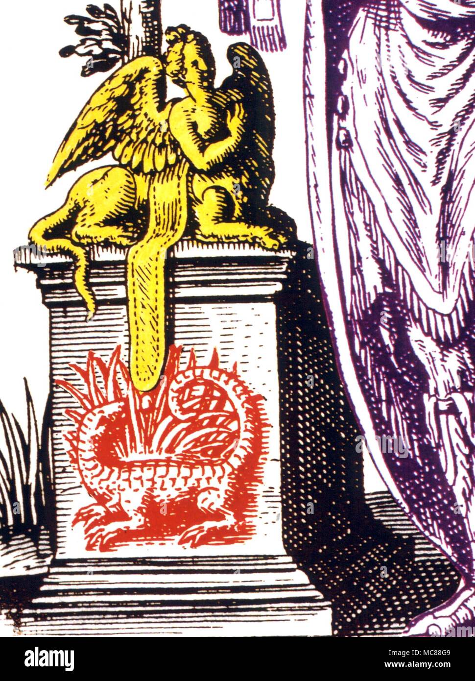 Salamander and Grecian sphinx. Detail of engraved portrait of Apollonius of Tyana Stock Photo
