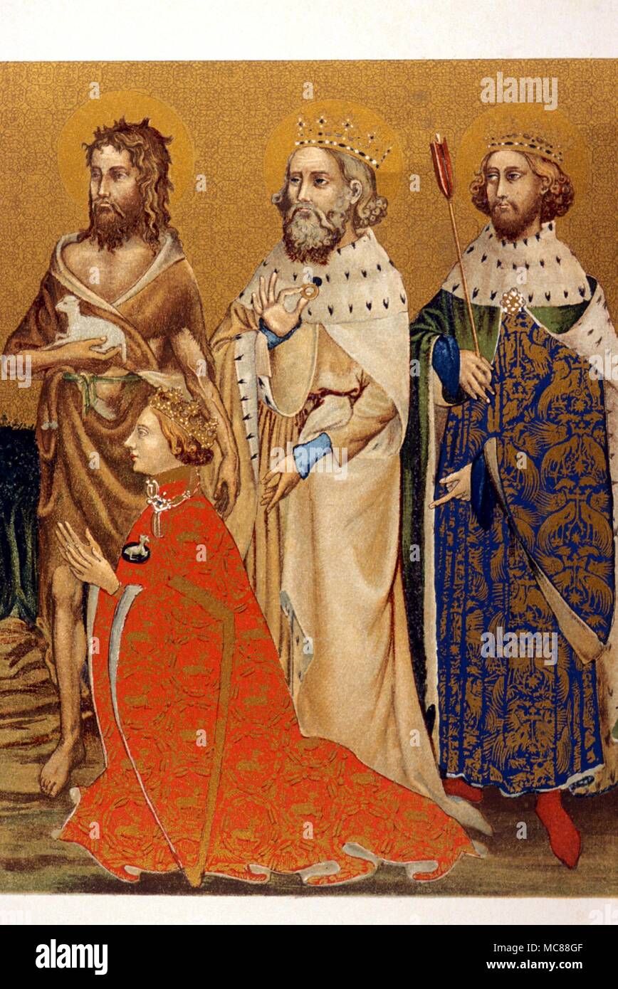 HISTORY - BRITISH King Richard II and his patron Saints. 19th century lithograph (Arundel Society print) based on a painting formerly at Wilton House. Stock Photo