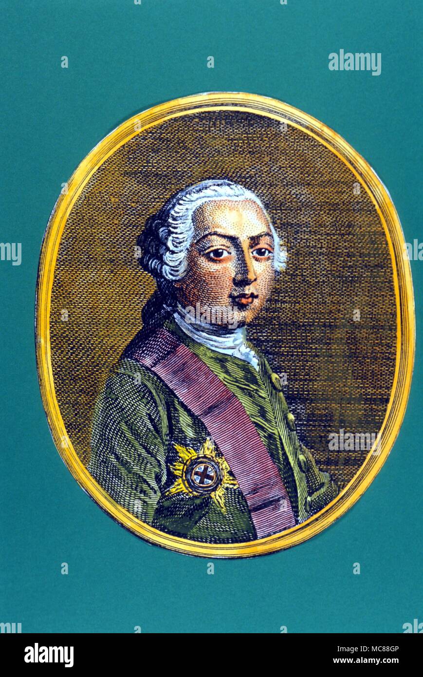 HISTORY - BRITISH - GEORGE III Portrait of George III - hand coloured engraving by Grignion from the 1753 edition of Smollett's 'History of England'. Stock Photo