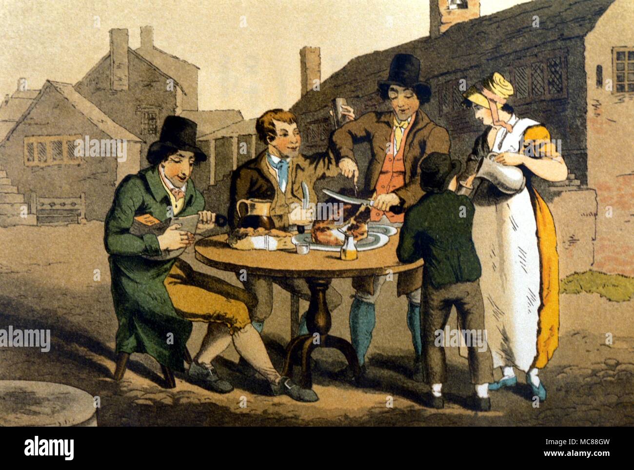 BRITISH HISTORY - EARLY 19TH CENTURY Midsummer Eve meal - a Yorkshire custom. From the 1885 edition of Richard Jackson's 'The costumes of Yorkshire'. Stock Photo