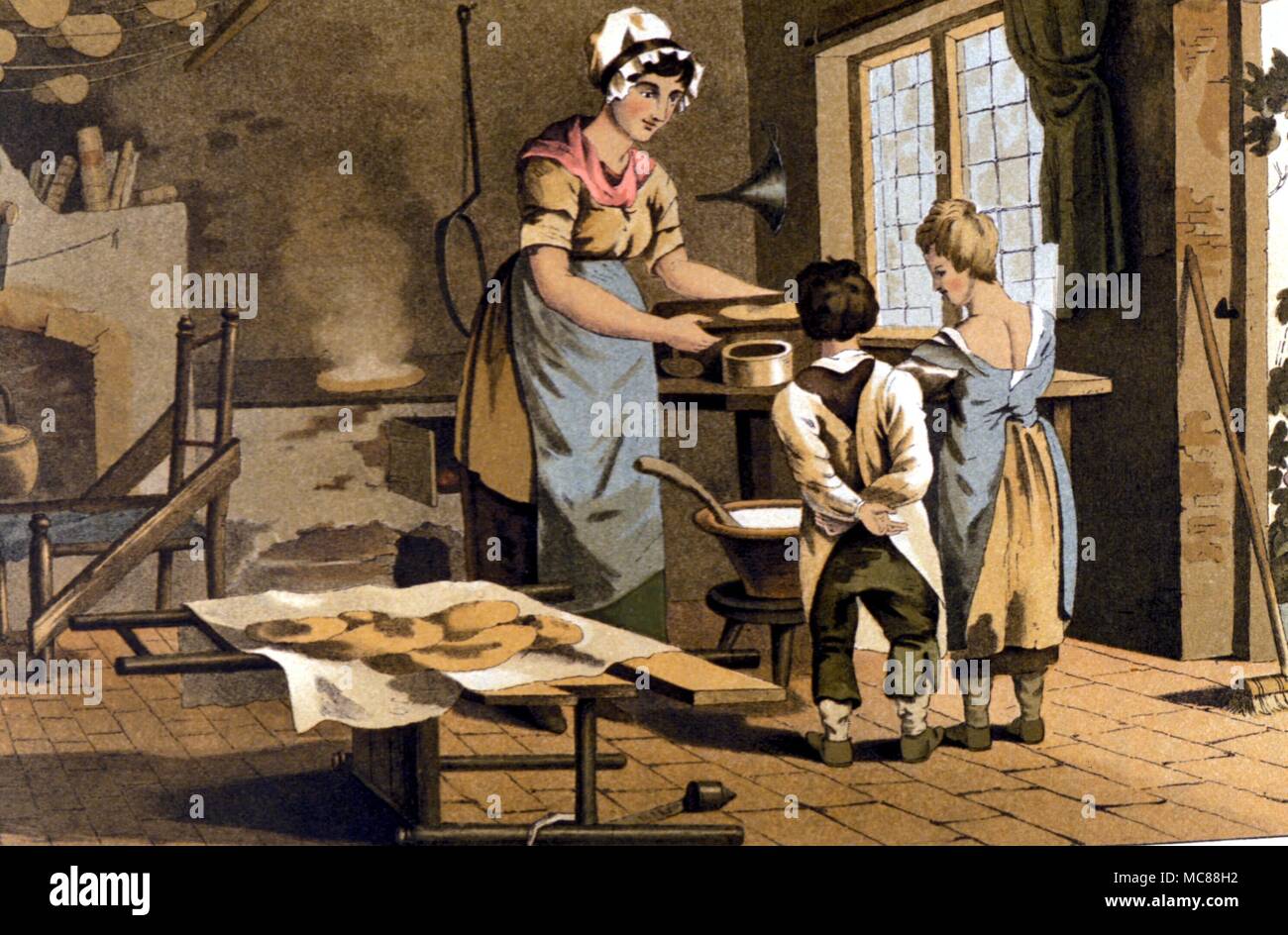 BRITISH HISTORY - EARLY 19TH CENTURY Woman making Oat Cakes. From the 1885 edition of Richard Jackson's 'The Costumes of Yorkshire'. Stock Photo