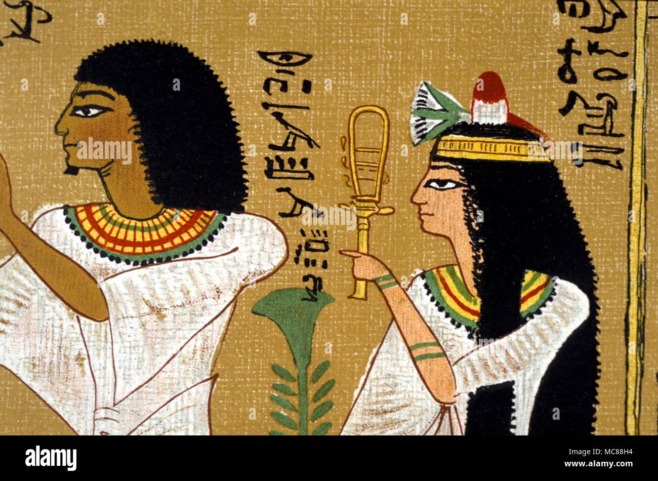 EGYPTIAN MYTH - SISTRUM The deceased Hunefer with wife (holding the sacred sistrum. Both stand in adoration of the gods. Lithographic copy of 19th century - Egyptian Book of the Dead. Stock Photo