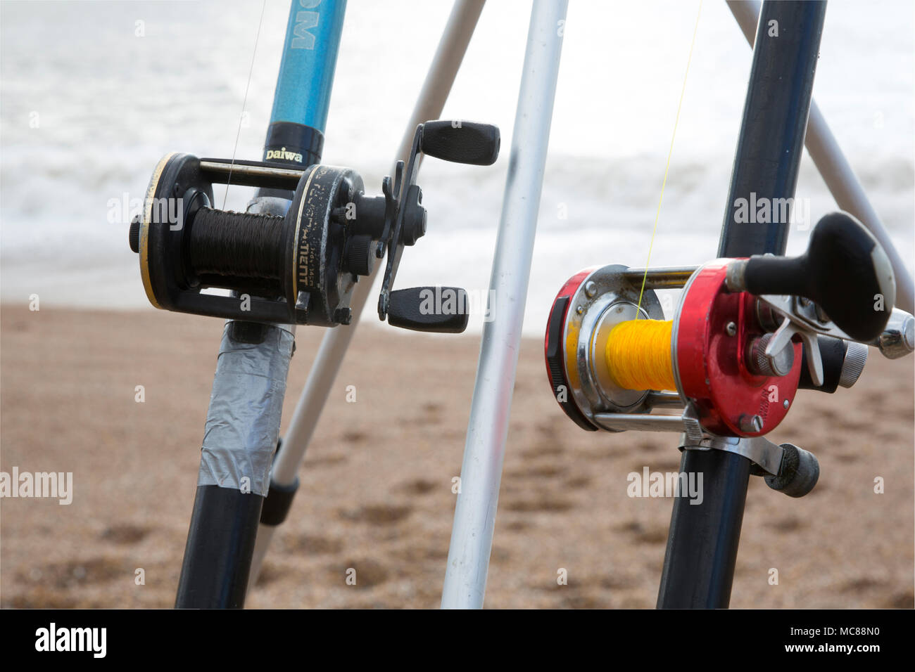 Two multiplier reels used for beachfishing on Chesil beach in