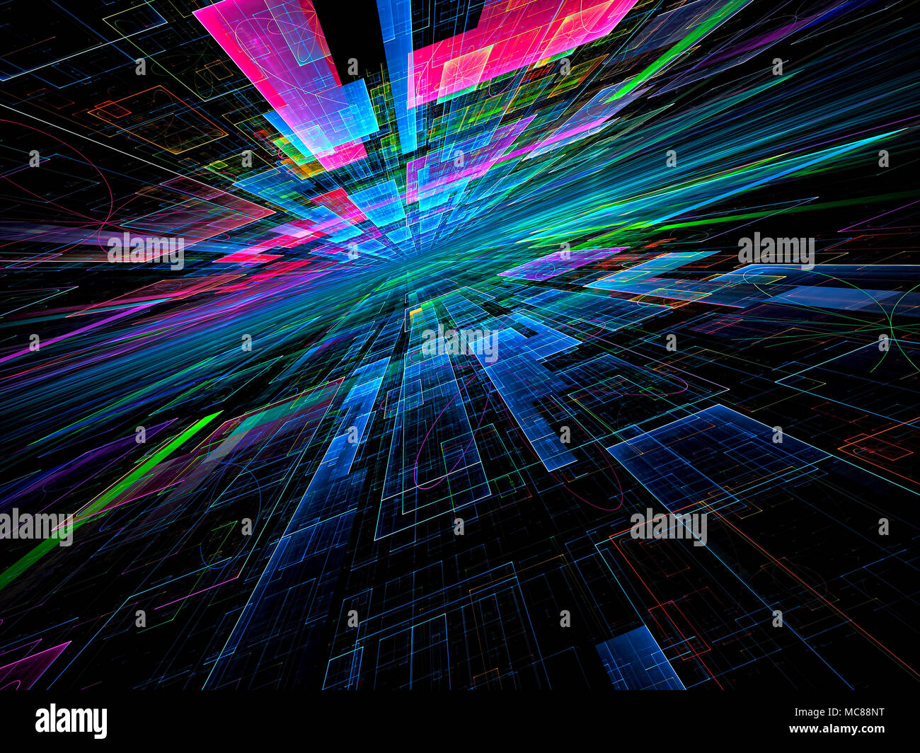 Colorful background for information technology or virtual reality design projects. Abstract computer-generated 3d illustration. Lines and rectangles t Stock Photo