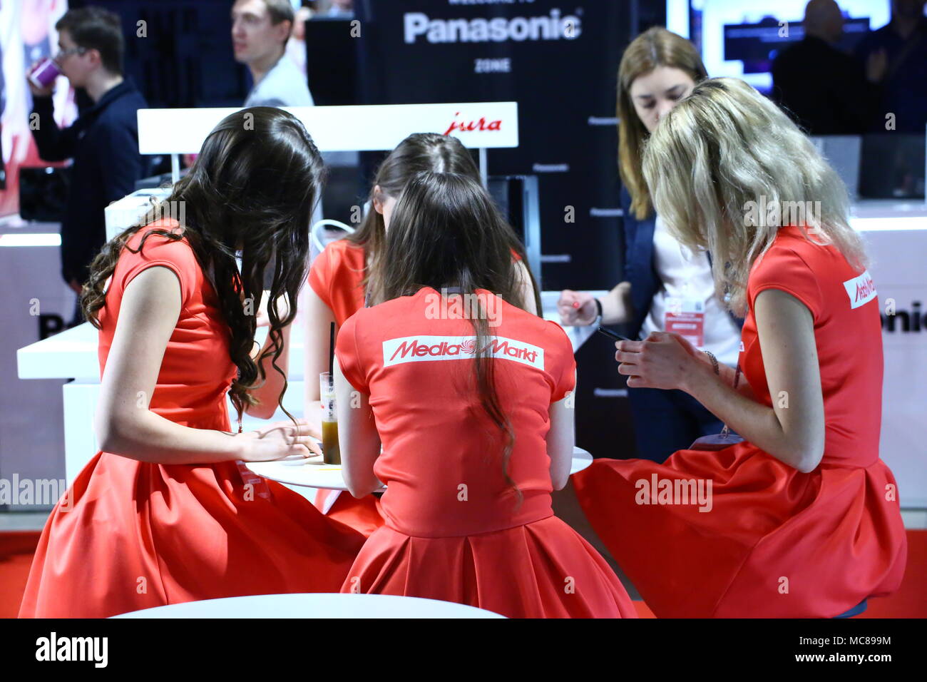 Warsaw Nadarzyn, Poland. 13th Apr, 2018. Warsaw expo center PTAK presents electroincs show. Main show partner Media Markt hosts several exhibitors as LG, Samsung, Tesla, Grundig and Beko. Credit: Jakob Ratz/Pacific Press/Alamy Live News Stock Photo