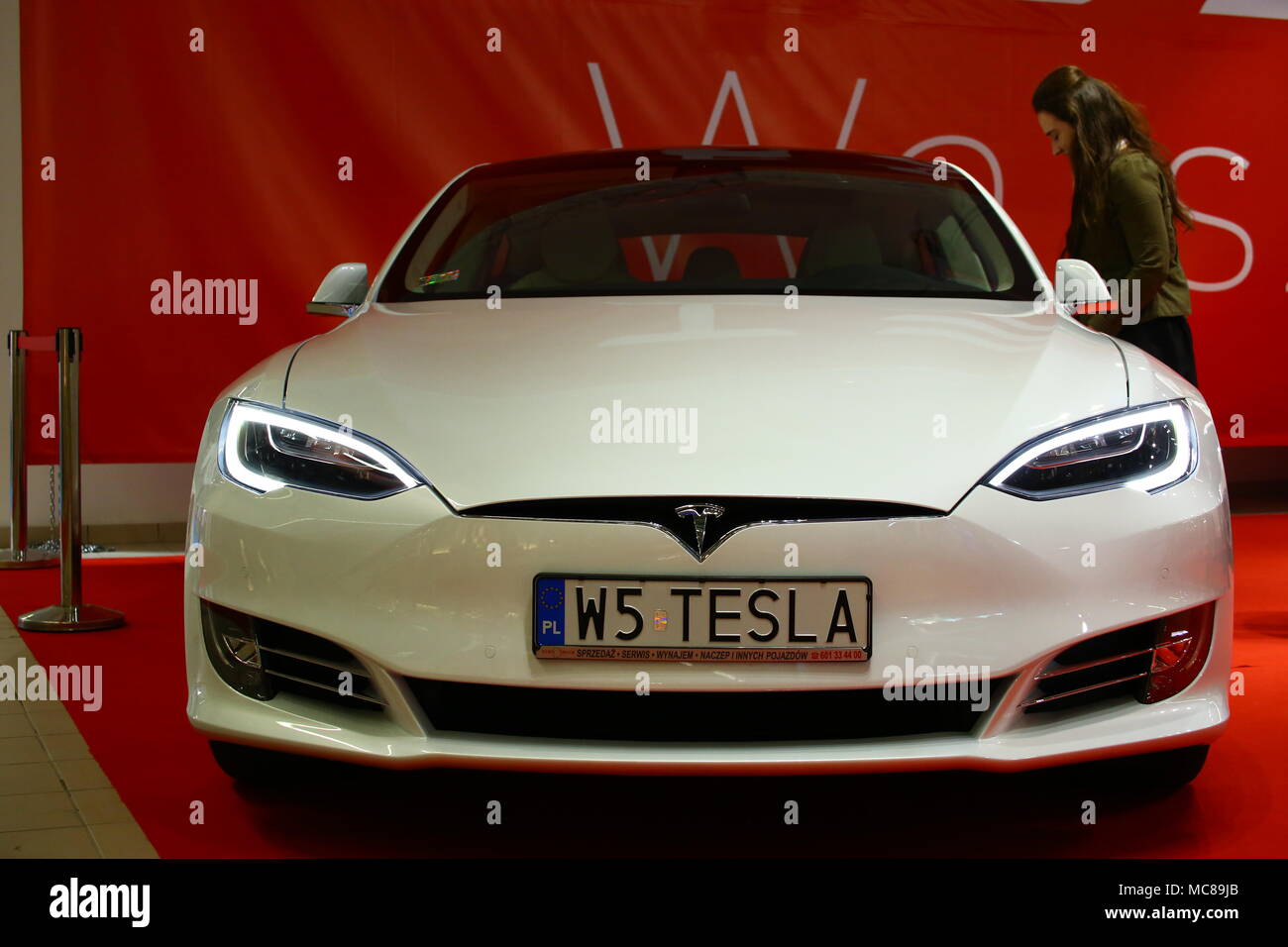 Warsaw Nadarzyn, Poland. 13th Apr, 2018. Warsaw expo center PTAK presents electroincs show. Main show partner Media Markt hosts several exhibitors as LG, Samsung, Tesla, Grundig and Beko. Credit: Jakob Ratz/Pacific Press/Alamy Live News Stock Photo