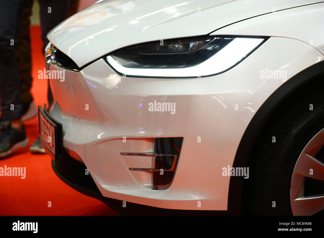 Warsaw Nadarzyn, Poland. 13th Apr, 2018. Warsaw expo center PTAK presents electroincs show. Main show partner Media Markt hosts several exhibitors as LG, Samsung, Tesla, Grundig and Beko. Credit: Jakob Ratz/Pacific Press/Alamy Live News Stock Photo
